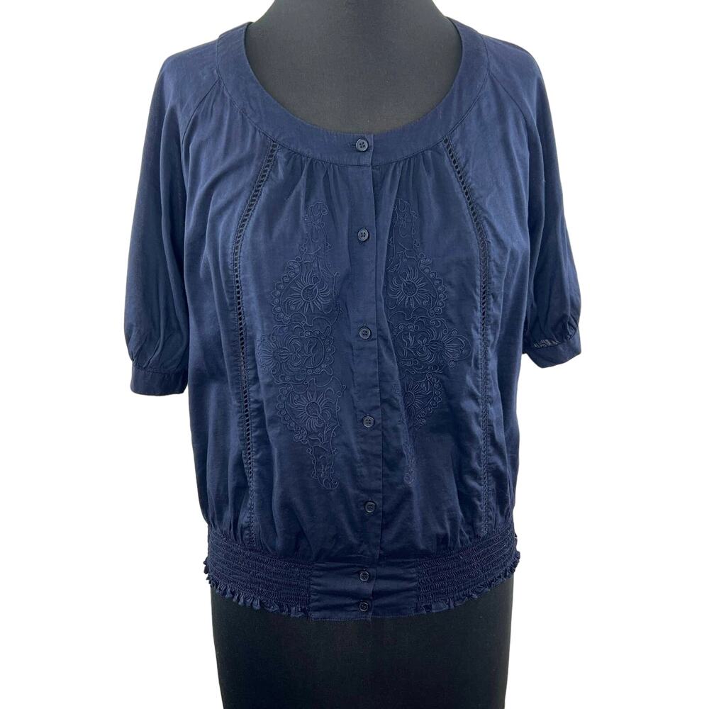 VTG Anthropologie Odille Navy Blue Half Sleeve Cotton Blend Embroidered Top 8